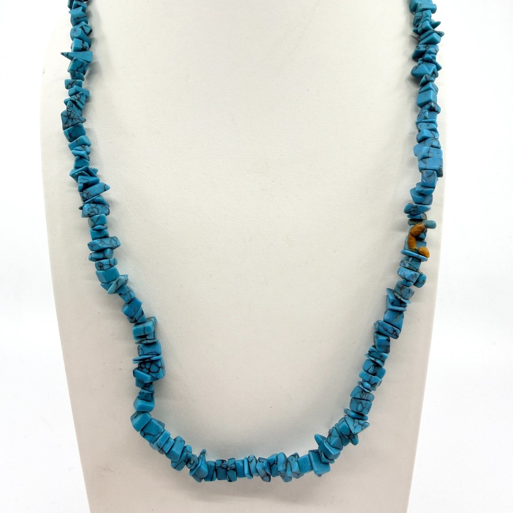 Vintage Faux Turquoise Faux Suede Fringe Tie Back Chip Bead Boho Necklace Retro